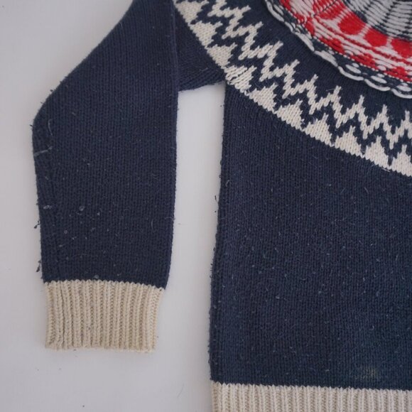 Roots Navy Red Cottagecore Knit 50% Wool Fisherman Fair Isle Crewneck Sweater XS - Picture 6 of 13